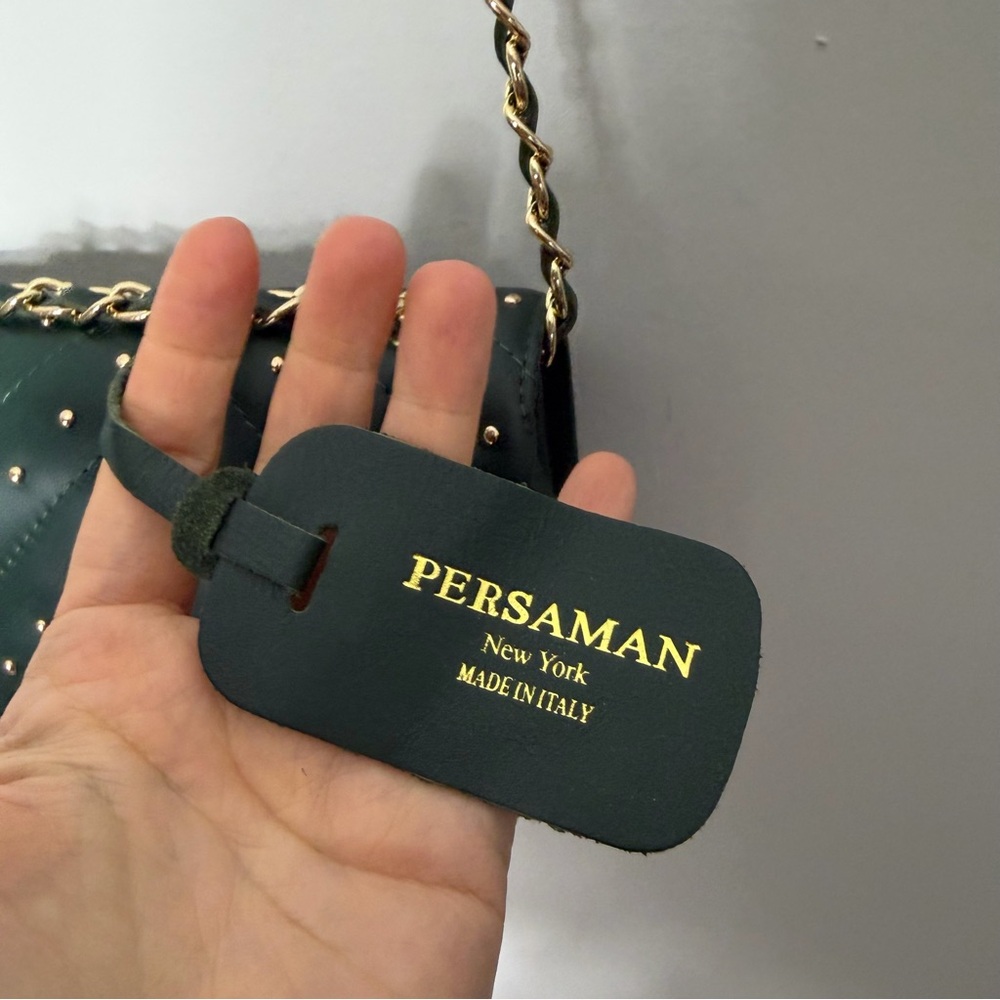 Persaman New York Made in Italy dark Green Quilted Studded Chain Bag Purse - Picture 4 of 10